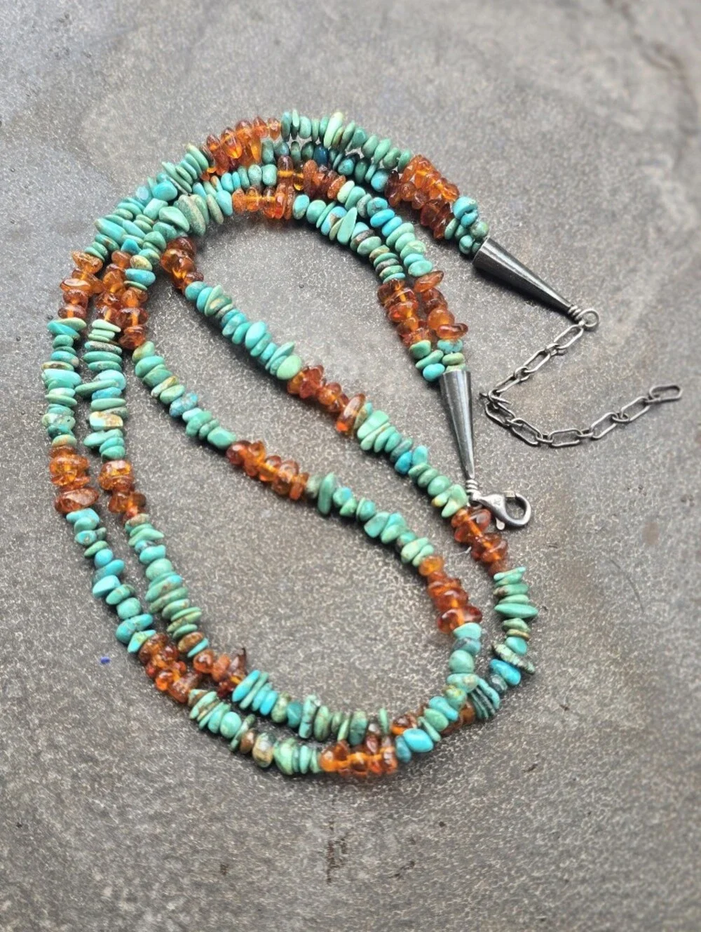 Southwestern double strand turquoise and amber 925 sterling silver necklace